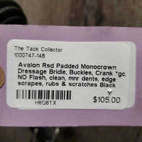 Rsd Padded Monocrown Dressage Bridle, Buckles, Crank *gc, NO Flash, clean, mnr dents, edge scrapes, rubs & scratches
