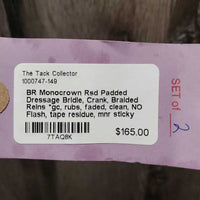 Monocrown Rsd Padded Dressage Bridle, Crank, Braided Reins *gc, rubs, faded, clean, NO Flash, tape residue, mnr sticky