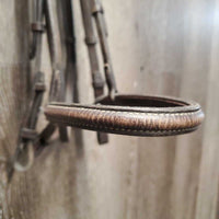 Narrow Rsd Bridle, v.narrow Braided Reins *gc,/fair, v.dry, v.stiff, rubs, scrapes, trimmed end
