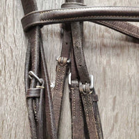 Narrow Rsd Bridle, v.narrow Braided Reins *gc,/fair, v.dry, v.stiff, rubs, scrapes, trimmed end

