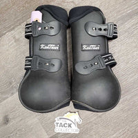 Pr Open Front Boots, tabs *gc, clean, residue, hairy, scrapes, rubs, faded
