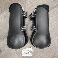 Pr Open Front Boots, tabs *gc, clean, residue, hairy, scrapes, rubs, faded
