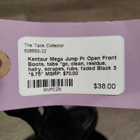 Pr Open Front Boots, tabs *gc, clean, residue, hairy, scrapes, rubs, faded
