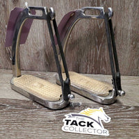 Pr Heavy Flat Safety Stirrup Irons, grips, elastics & keepers *gc, dirt, small grips, residue, scratches, stains, cracking elastics
