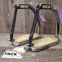 Pr Heavy Flat Safety Stirrup Irons, grips, elastics & keepers *gc, dirt, small grips, residue, scratches, stains, cracking elastics

