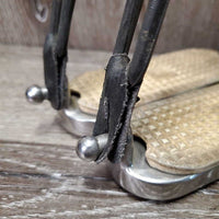 Pr Heavy Flat Safety Stirrup Irons, grips, elastics & keepers *gc, dirt, small grips, residue, scratches, stains, cracking elastics
