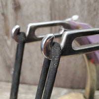 Pr Heavy Flat Safety Stirrup Irons, grips, elastics & keepers *gc, dirt, small grips, residue, scratches, stains, cracking elastics
