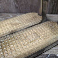 Pr Heavy Flat Safety Stirrup Irons, grips, elastics & keepers *gc, dirt, small grips, residue, scratches, stains, cracking elastics
