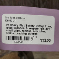 Pr Heavy Flat Safety Stirrup Irons, grips, elastics & keepers *gc, dirt, small grips, residue, scratches, stains, cracking elastics
