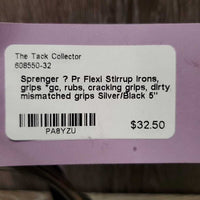 Pr Flexi Stirrup Irons, grips *gc, rubs, cracking grips, dirty, mismatched grips
