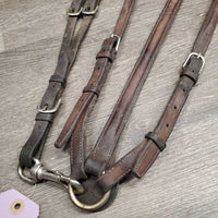 Thick Soft Leather & Elastic Breastplate, snaps, Running Attachment *gc, dirty, xholes, older, rubs, creases, faded, scrapes, sticky, dents, stains, loose keepers
