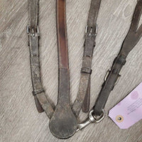 Thick Soft Leather & Elastic Breastplate, snaps, Running Attachment *gc, dirty, xholes, older, rubs, creases, faded, scrapes, sticky, dents, stains, loose keepers
