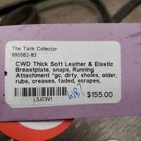 Thick Soft Leather & Elastic Breastplate, snaps, Running Attachment *gc, dirty, xholes, older, rubs, creases, faded, scrapes, sticky, dents, stains, loose keepers
