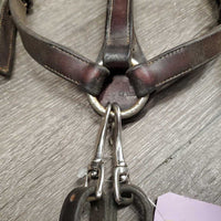 Thick Soft Leather & Elastic Breastplate, snaps, Running Attachment *gc, dirty, xholes, older, rubs, creases, faded, scrapes, cut
