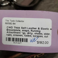 Thick Soft Leather & Elastic Breastplate, snaps, Running Attachment *gc, dirty, xholes, older, rubs, creases, faded, scrapes, cut
