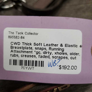 Thick Soft Leather & Elastic Breastplate, snaps, Running Attachment *gc, dirty, xholes, older, rubs, creases, faded, scrapes, cut