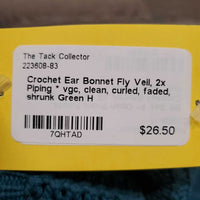 Crochet Ear Bonnet Fly Veil, 2x Piping * vgc, clean, curled, faded, shrunk
