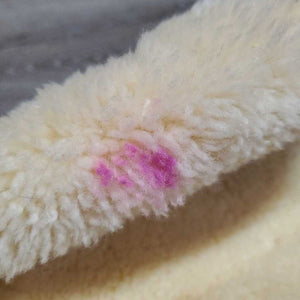 Quilt Sheepskin Half Pad, rolled edge *vgc, clean, clumpy, mnr stains, bare spots, hair, puckers, dingy