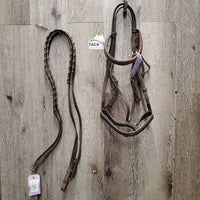 FS Wide Nose Hunter Bridle, braided reins *fair,CUT OFF Flash, tight keepers, thick residue, dry, stiff, faded
