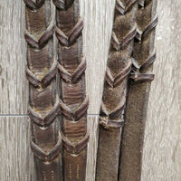 FS Wide Nose Hunter Bridle, braided reins *fair,CUT OFF Flash, tight keepers, thick residue, dry, stiff, faded
