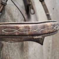FS Wide Nose Hunter Bridle, braided reins *fair,CUT OFF Flash, tight keepers, thick residue, dry, stiff, faded
