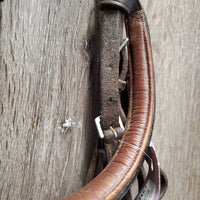 FS Wide Nose Hunter Bridle, braided reins *fair,CUT OFF Flash, tight keepers, thick residue, dry, stiff, faded
