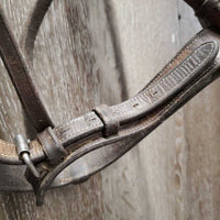 FS Wide Nose Hunter Bridle, braided reins *fair,CUT OFF Flash, tight keepers, thick residue, dry, stiff, faded
