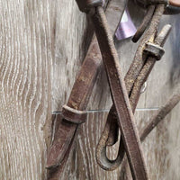 FS Wide Nose Hunter Bridle, braided reins *fair,CUT OFF Flash, tight keepers, thick residue, dry, stiff, faded
