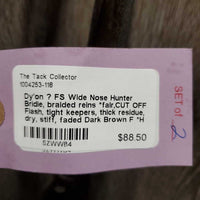 FS Wide Nose Hunter Bridle, braided reins *fair,CUT OFF Flash, tight keepers, thick residue, dry, stiff, faded
