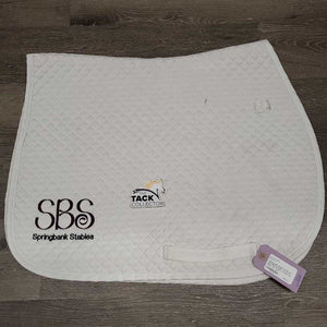 Quilt Jumper Saddle Pad, "Springbank Stables" *gc, stains, dingy, mnr hair, pills, cut tabs, rubs