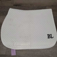 Quilt Jumper Saddle Pad, "Springbank Stables" *gc, stains, dingy, mnr hair, pills, cut tabs, rubs
