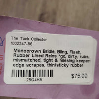 Monocrown Bridle, Bling, Flash, Rubber Lined Reins *gc, dirty, rubs, mismatched, tight & missing keepers, edge scrapes, thin/sticky rubber
