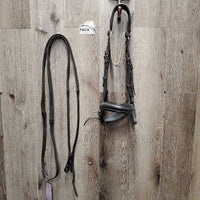 Rolled Monocrown Dressage Bridle, Crank, HDR Bband, Rubber Reins *gc, rubs, faded & dust?dirt, cut end, xholes, NO Bradoon Holder, Missing 1 Keeper
