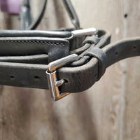 Rolled Monocrown Dressage Bridle, Crank, HDR Bband, Rubber Reins *gc, rubs, faded & dust?dirt, cut end, xholes, NO Bradoon Holder, Missing 1 Keeper
