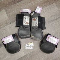 Open Front & Hind Boots, velcro *fair, elastic: torn & stretched, dirty, hairy, faded, scrapes, rubs
