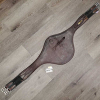 Padded Leather Belly Girth, 2x els, D Ring, Strap *gc/fair, stains, faded, scrapes, dry, creased/puckered edges
