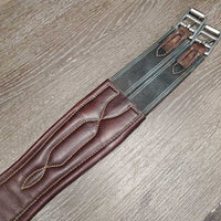 Padded Leather Belly Girth, 2x els, D Ring, Strap *gc/fair, stains, faded, scrapes, dry, creased/puckered edges
