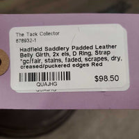 Padded Leather Belly Girth, 2x els, D Ring, Strap *gc/fair, stains, faded, scrapes, dry, creased/puckered edges
