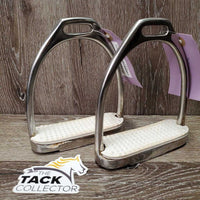 Pr Thin Hvy Stirrup Irons, grips *vgc, clean, rusty, scratches, stains

