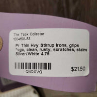 Pr Thin Hvy Stirrup Irons, grips *vgc, clean, rusty, scratches, stains
