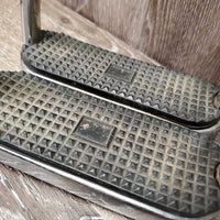 Pr Thin Hvy Stirrup Irons, grips *vgc, clean, rusty, scratches, stains
