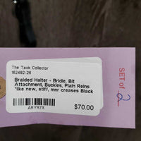 Braided Halter - Bridle, 2 Bit Attachments, Buckles, Plain Reins *like new, stiff, mnr creases
