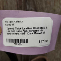 Tooled Thick Leather Headstall, 1 Leather Lace *gc, scrapes, dirt, scratfches, film
