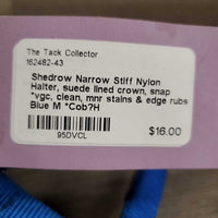 Narrow Stiff Nylon Halter, suede lined crown, snap *vgc, clean, mnr stains & edge rubs
