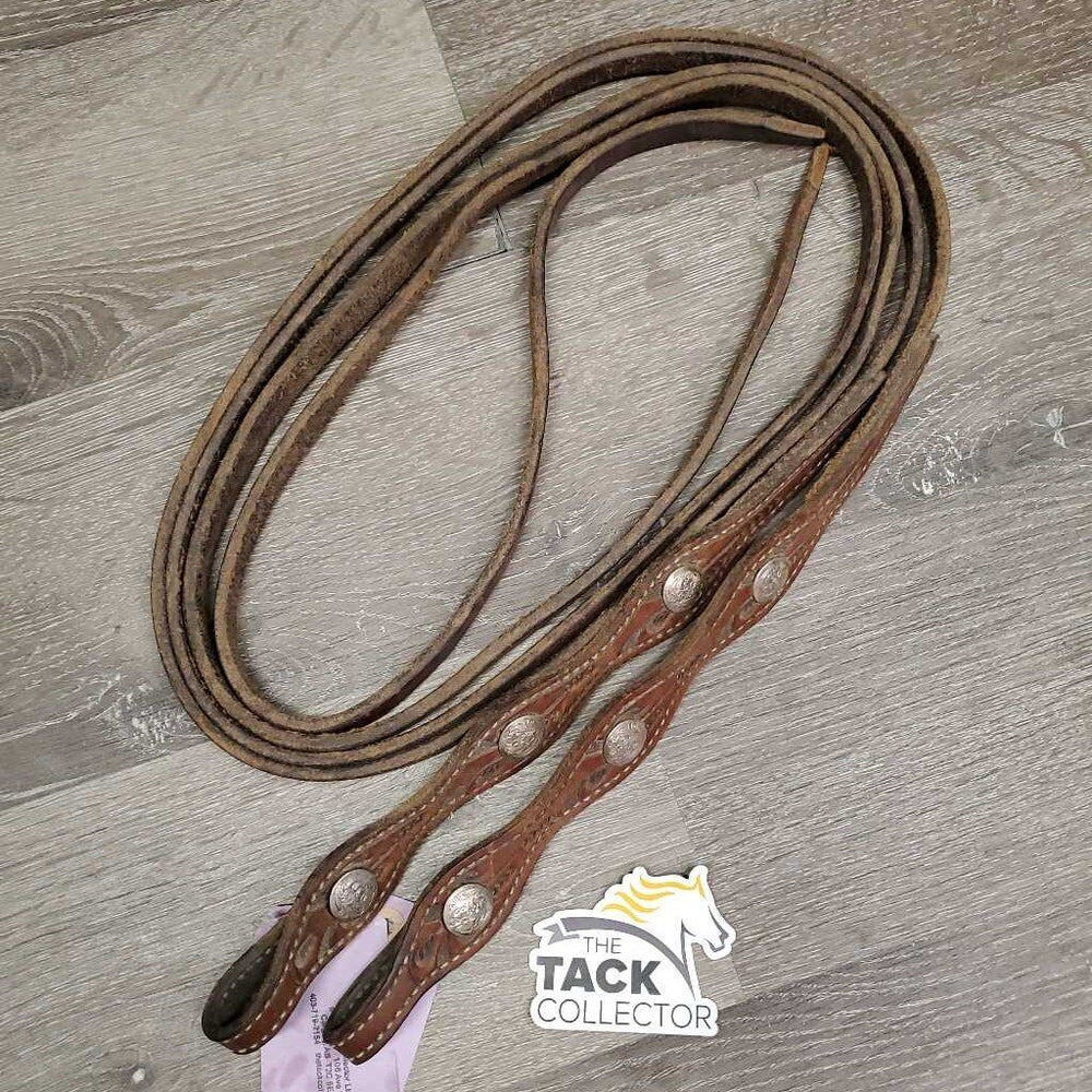 Tooled & Scalloped Leather Westenr Split Reins, 6 silver chicagao screw conchos *gc, creases, dry, mnr cracks, rubs
