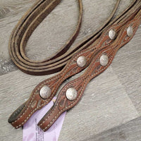 Tooled & Scalloped Leather Westenr Split Reins, 6 silver chicagao screw conchos *gc, creases, dry, mnr cracks, rubs
