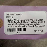 Nylon Web Neoprene Velcro Liner Girth, 2x els, D Ring *vgc/gc, clean & mnr dirt?residue, chipped edge, stretched els, rubs, faded
