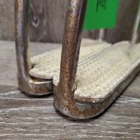 Pr Hvy Fine Stirrup Irons, grips *fair, clean, stains, v.rusty, grips: too big, dry &cracks
