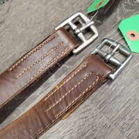 Wide Thick Stirrup Leathers *gc, v.dry, v.stiff, faded, crackles, mnr stains & dents, UNDONE stitching, uneven
