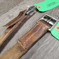 Wide Thick Stirrup Leathers *gc, v.dry, v.stiff, faded, crackles, mnr stains & dents, UNDONE stitching, uneven
